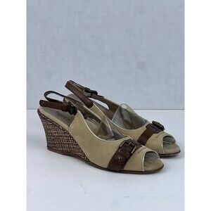 Taryn Roae Open Toe Slingback Sueda Gold Accents Wedge Heels Made in Italy